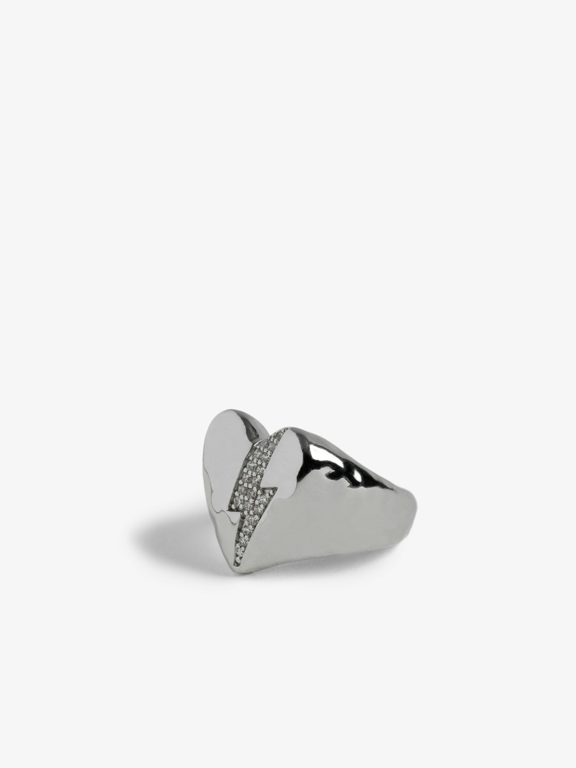 Heartbreaker Flash Ring - Heart ring in hammered brass set with lightning-shaped rhinestones.